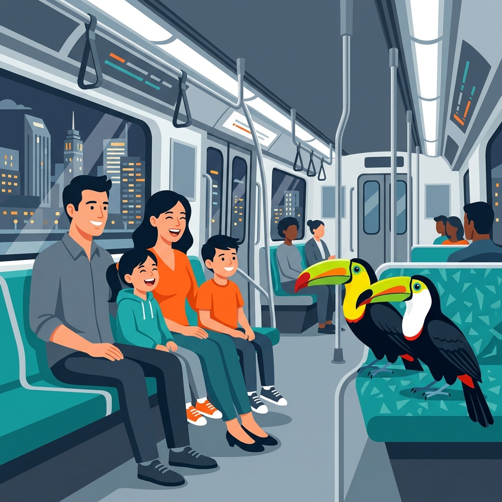 A cheerful family on the subway