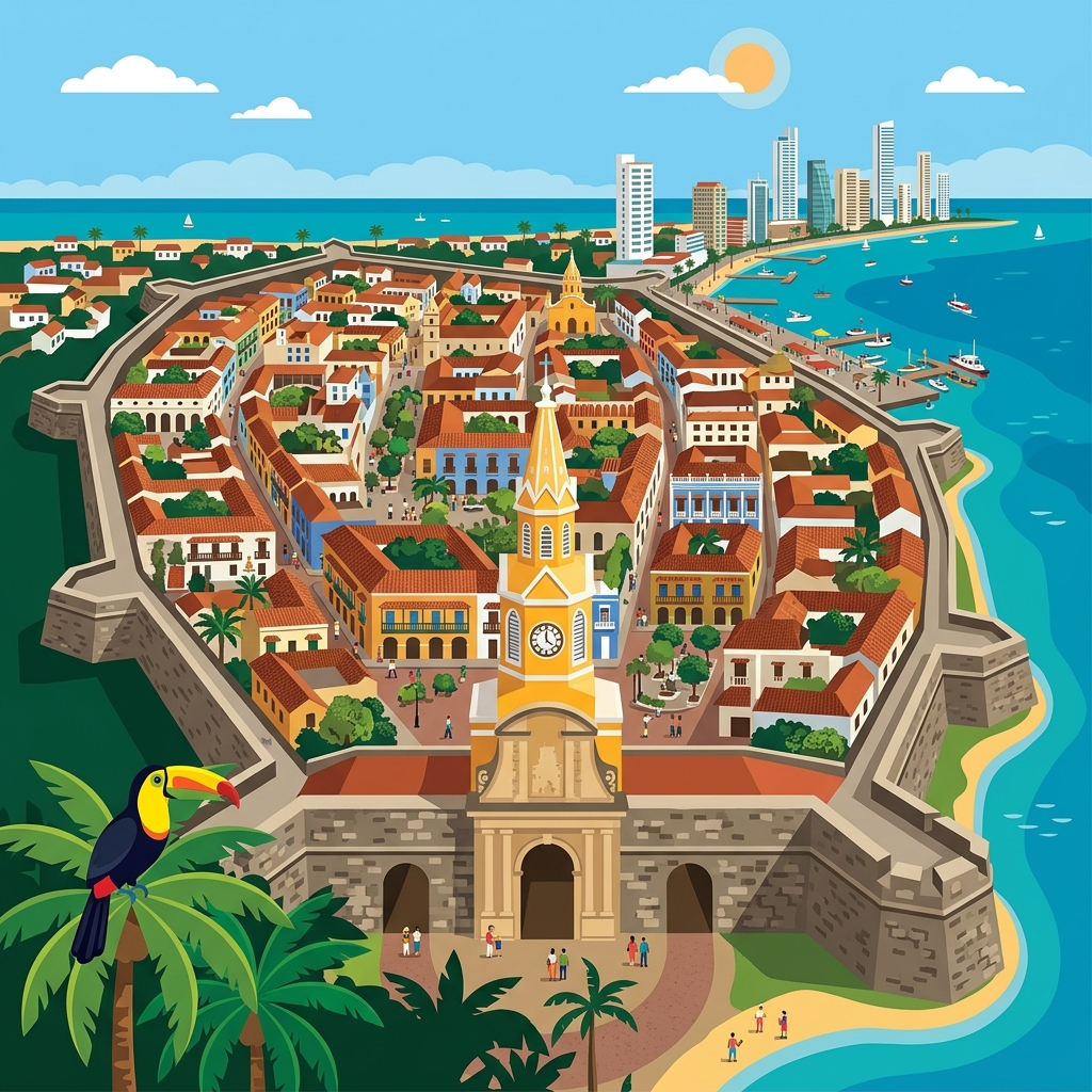 Vista panorámica de la Ciudad Amurallada de Cartagena y la Torre del Reloj