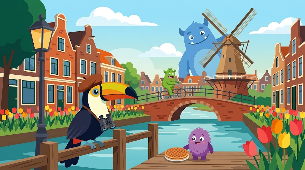 Escena completa de los monstruos en Ámsterdam en 3 distancias