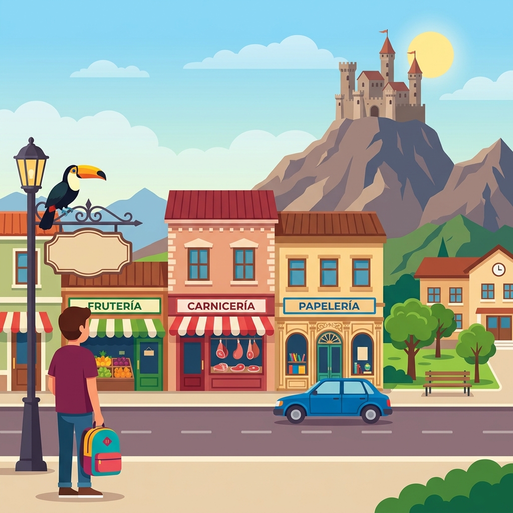 Guía visual de espacios y preposiciones del pueblo