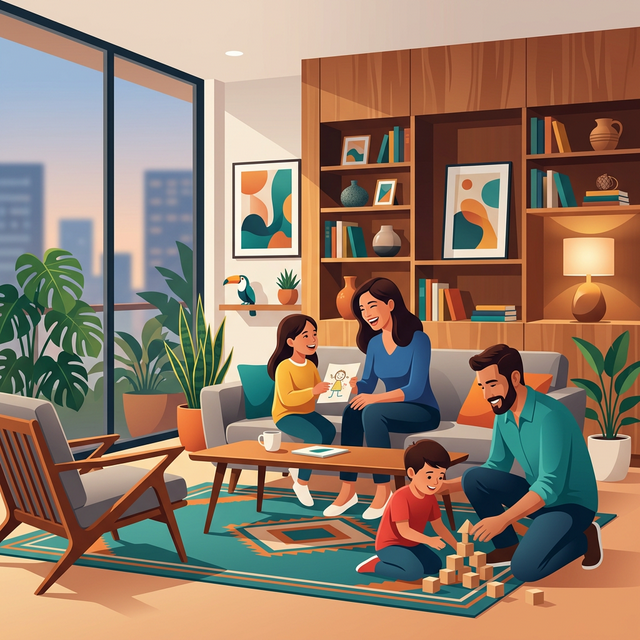 Familia feliz en la sala — Who are they? Where are they? How are they?