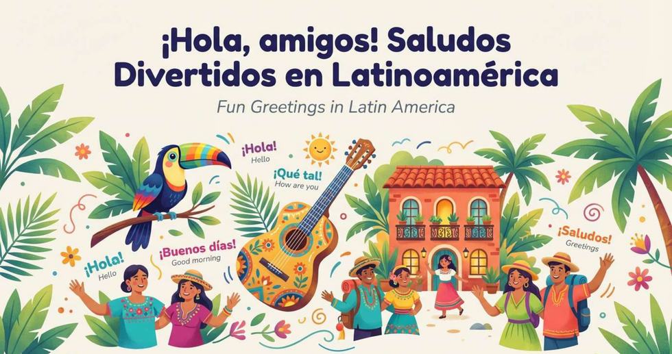 Ilustración colorida de Latinoamérica con tucán sobre una rama, guitarra colonial y viajeros sonrientes