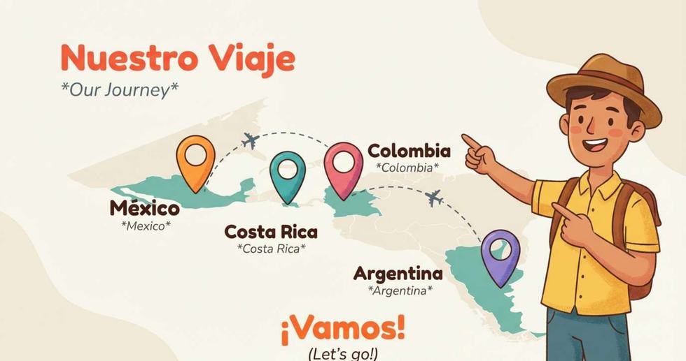 Mapa ilustrado de América Latina con un viajero señalando México, Costa Rica, Colombia y Argentina