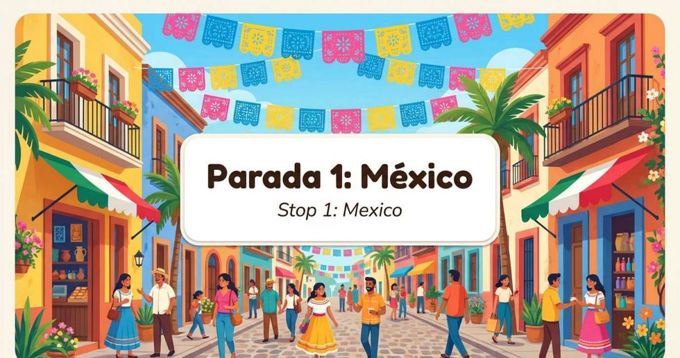 Calle colonial mexicana decorada con banderines de papel picado de colores vivos y gente paseando
