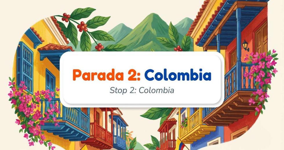 Paisaje cafetero colonial en Colombia con balcones de madera llenos de flores y montañas al fondo