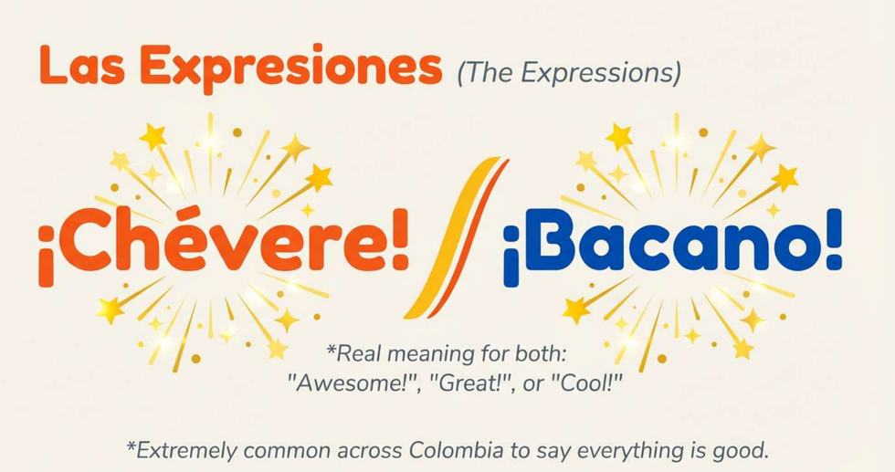 Fuegos artificiales dorados celebrando las expresiones colombianas Chévere y Bacano