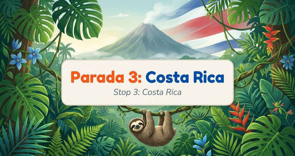 Selva tropical de Costa Rica con un oso perezoso colgado de una liana y un volcán con la bandera al fondo
