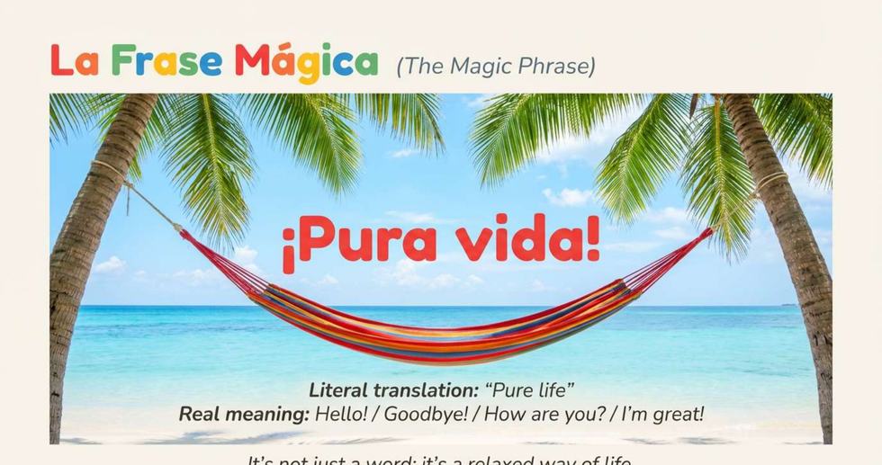 Hamaca colorida sobre una playa paradisíaca con palmeras y el texto Pura vida