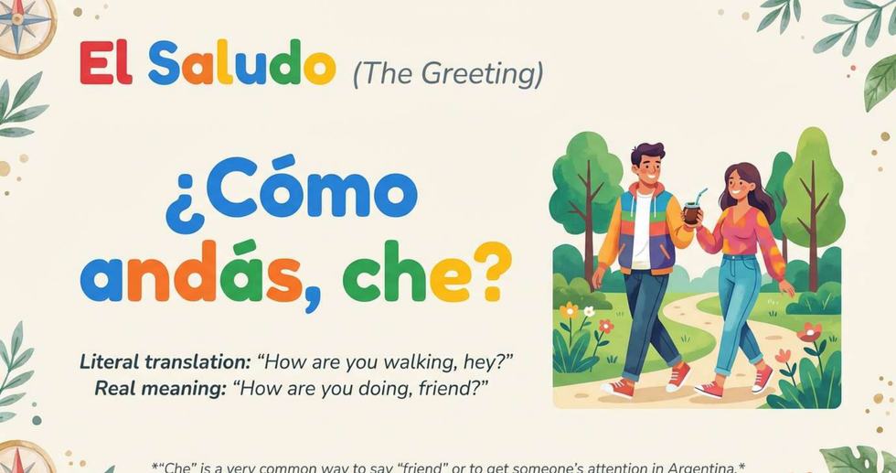 Dos jóvenes paseando por un sendero con mate y termo con el texto ¿Cómo andás, che?