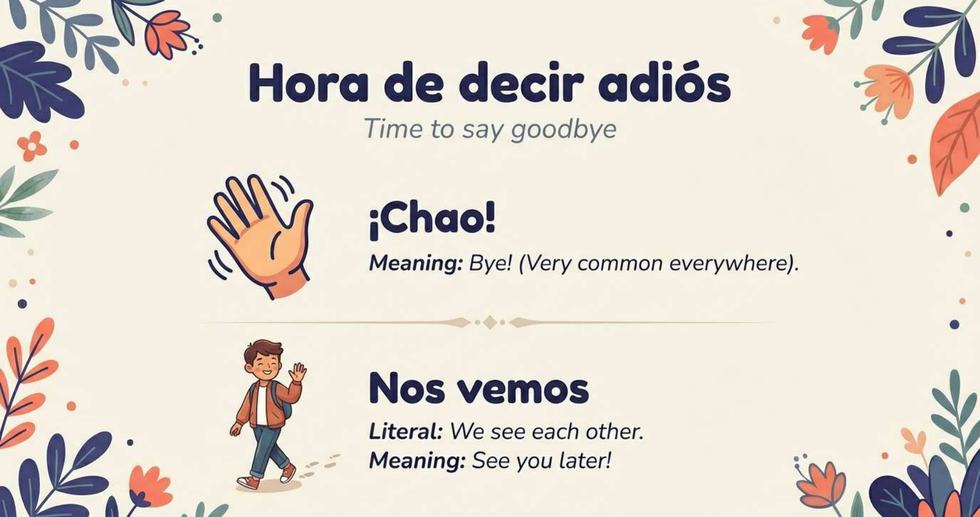 Ilustración de una mano despidiéndose y un viajero caminando con mochila con Chao y Nos vemos