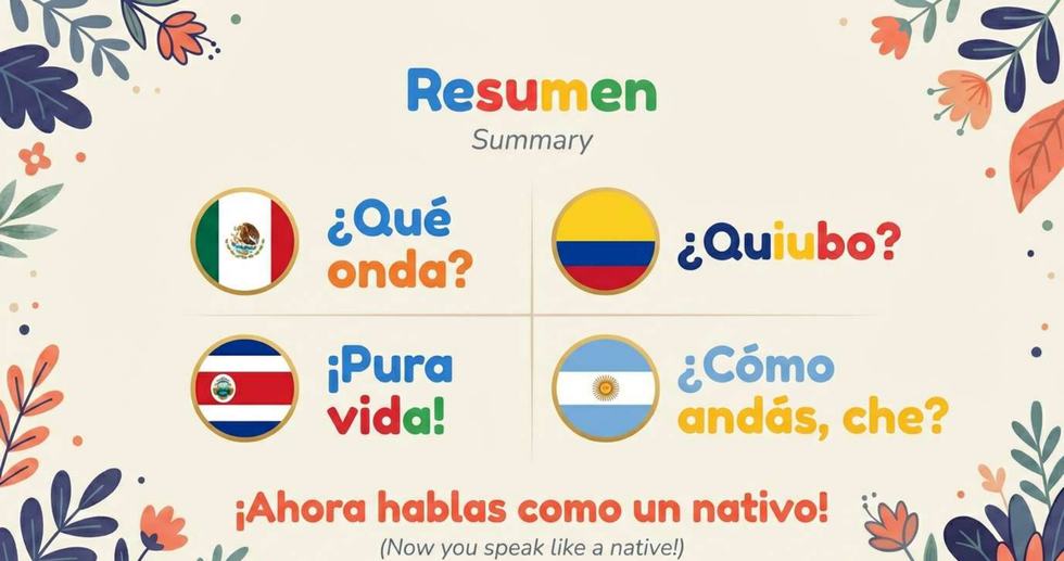 Resumen con las banderas de México, Colombia, Costa Rica y Argentina asociadas a sus saludos nativos