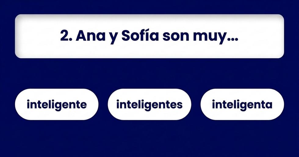 Pregunta 2: Ana y Sofía son muy... con opciones: inteligente, inteligentes, inteligenta