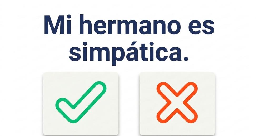 Frase: Mi hermano es simpática con opciones de check y cruz