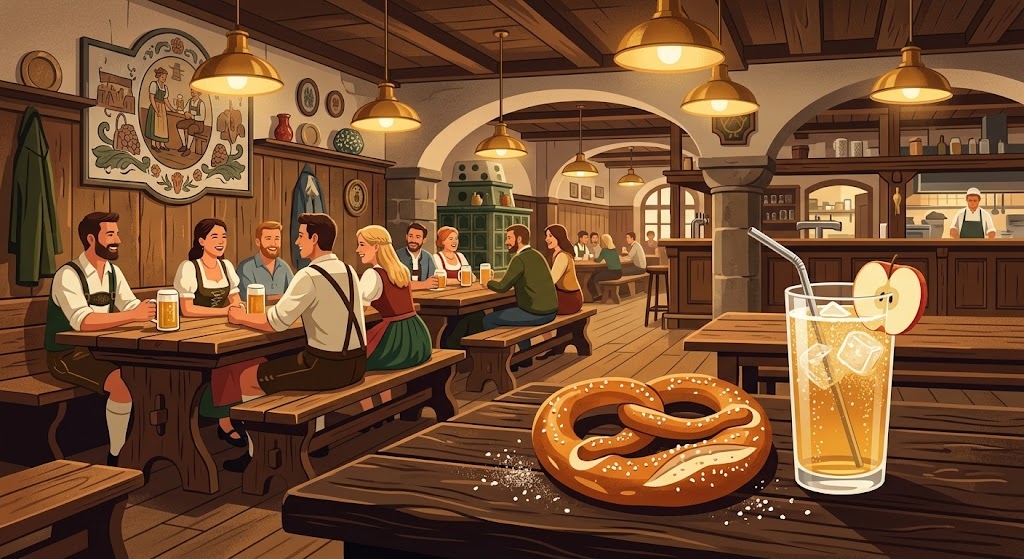Interior rústico de una cervecería bávara en Múnich con pretzel gigante
